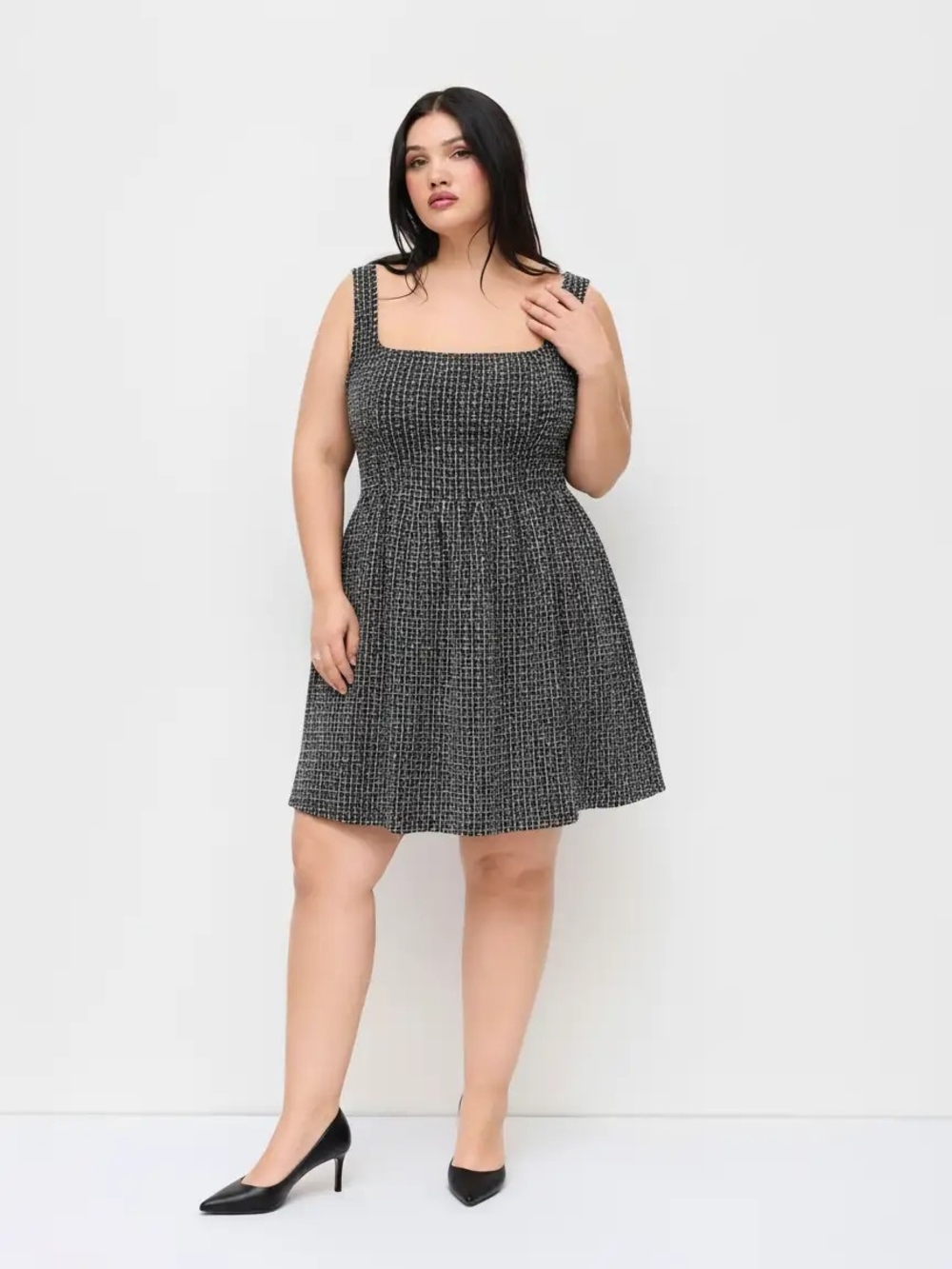 Smocked Square-Neck Mini Dress - Black